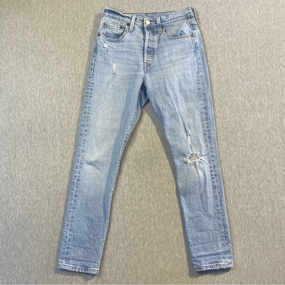 Levi’s 501 Jeans Women’s Size 25 x 28 Light Blue Tango Taps Destroyed Skinny - Picture 1 of 11